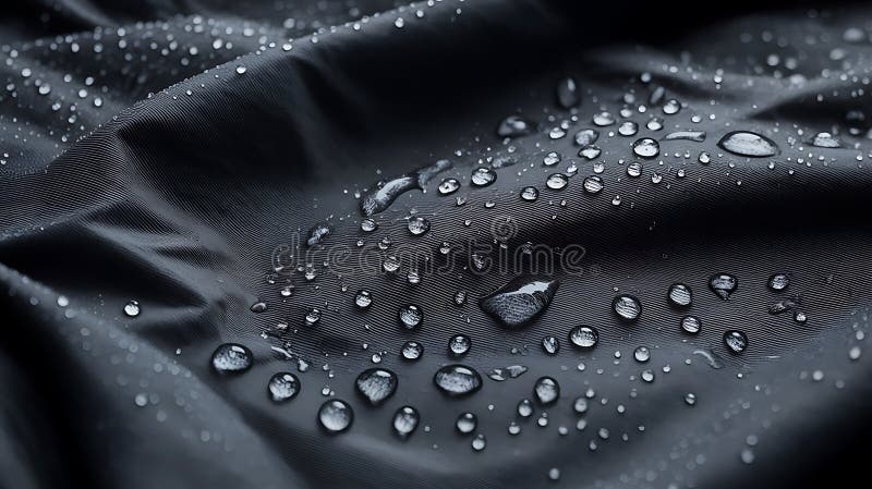Close up of water droplets on dark fabric showing waterproof material texture stock illustration