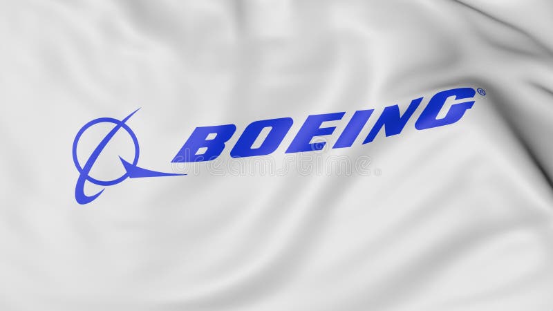 Close up of waving flag with Boeing Company logo, 3D rendering