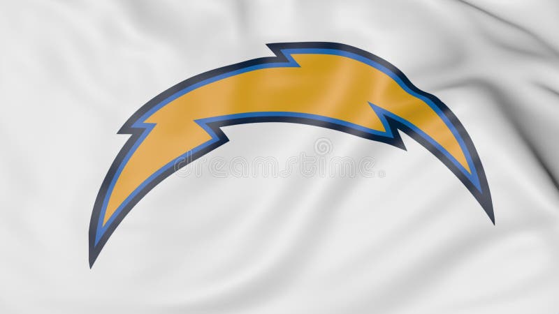 Close-up of waving flag with Los Angeles Chargers NFL American football team logo, 3D rendering