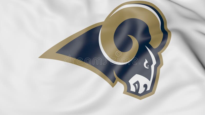 Close-up of waving flag with Los Angeles Rams NFL American football team logo, 3D rendering