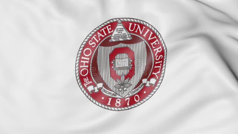 Close-up of waving flag with Ohio State University emblem 3D rendering