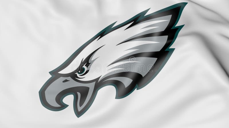 Close-up of waving flag with Philadelphia Eagles NFL American football team logo, 3D rendering