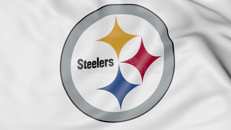 Close-up of waving flag with Pittsburgh Steelers NFL American football team logo, 3D rendering royalty free illustration Close-up of waving flag with Pittsburgh Steelers NFL American football team logo, 3D rendering royalty free illustration