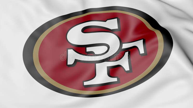 Close-up of waving flag with San Francisco 49ers NFL American football team logo, 3D rendering