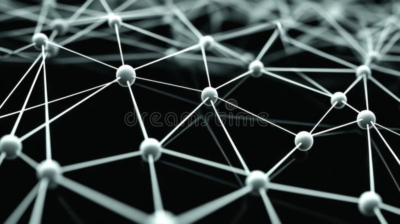 A close up of a web of white strings with small white balls in the middle. The balls are connected to each other by the strings. Concept of interconnectedness and complexity, as the balls AI generated