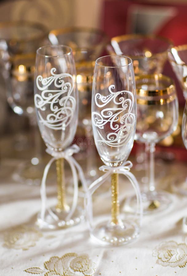 Closeup of Wedding Decorated Champagne Glasses on the Table Stock Photo Image of love, basket