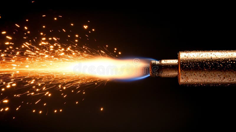 Close-up of a welding torch creating sparks and flame during metal fabrication process royalty free stock photo