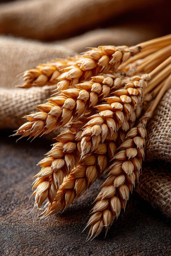 Close-up of wheat ears on burlap surface with rustic texture and golden hues stock illustration