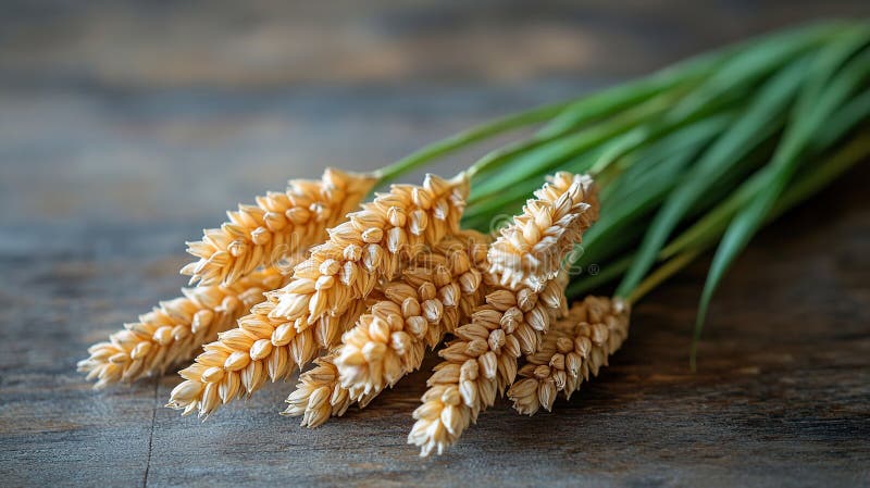 Close-up of wheat ears on rustic wooden surface vector illustration