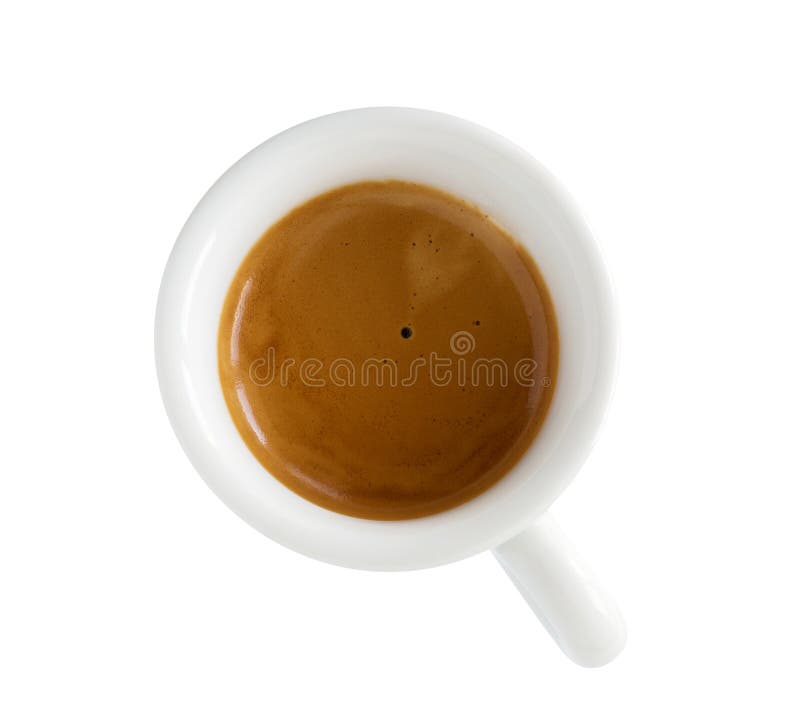 The close-up of white coffee cup with espresso, isolated on white background. Top view