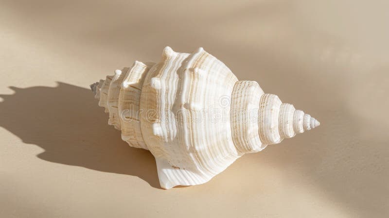 Close-up of a white conch shell on a beige background, natural texture. Beach theme and marine life concept royalty free stock image
