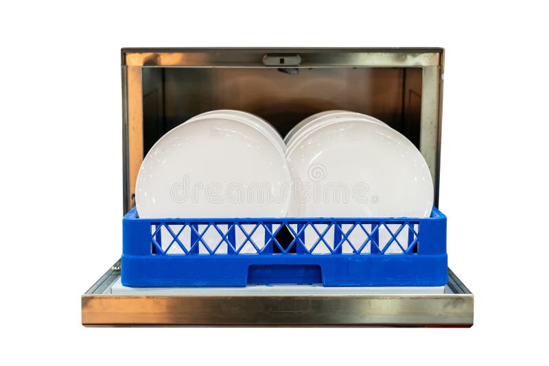 Close Up White Plate on Basket in Open Automatic Dishwasher Machine for