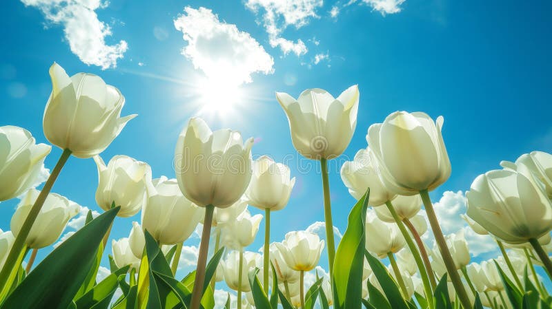 Close-up of white tulips field against blue sky background. Spring landscape concept. Generative AI