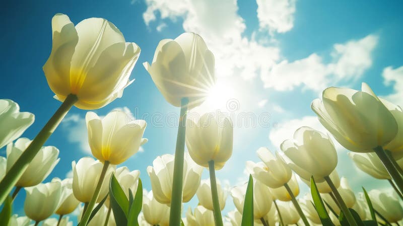 Close-up of white tulips field against blue sky background. Spring landscape concept. Generative AI