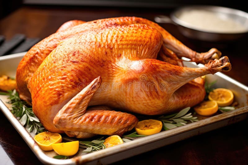 închiderea curcanului întreg brut pe foi de coacere stock images