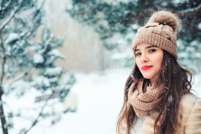 Winter Portrait of Happy Young Woman Walking Outdoor Stock I