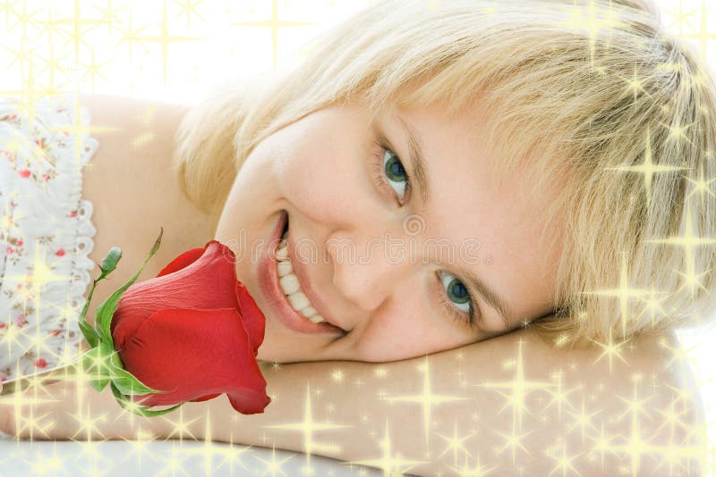 Close-up woman face with rose flower