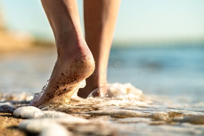 Close Up Of Woman Feet Walking Barefoot On Sand Beach In Sea Water