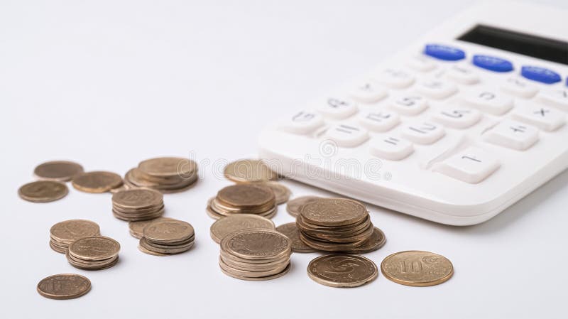 Close up woman hand using calculator to calculate home finance and writing note, accounting on table, budget management. Doing royalty free illustration