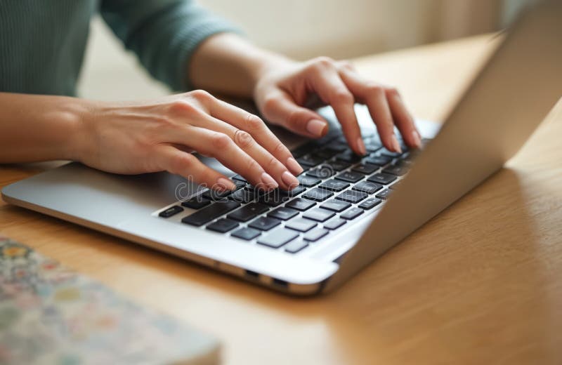 Close-up of woman hands typing text on laptop keyboard. Female worker uses portable wireless computer at wooden desk. Concept of royalty free stock images
