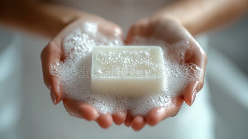 Close up of a woman holding a rectangular bar of soap, her palms covered in foam. The soft light creates a clean and refreshing stock illustration