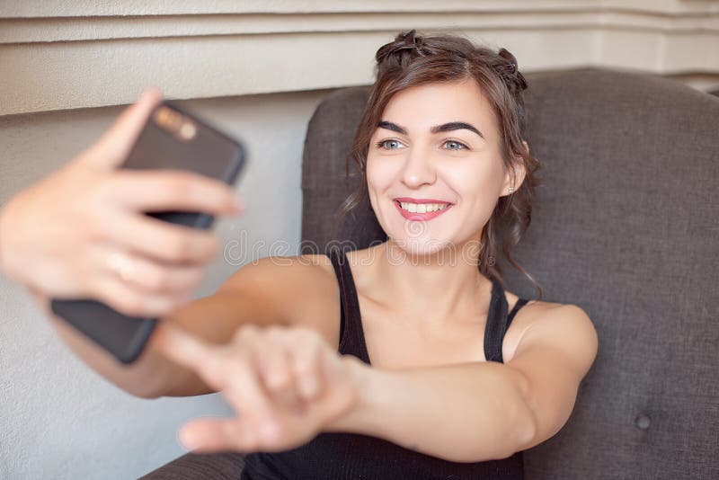 Close Up Woman Take Selfie With Smartphone In Cafe Stock Image Image Of Cheerful Mobile