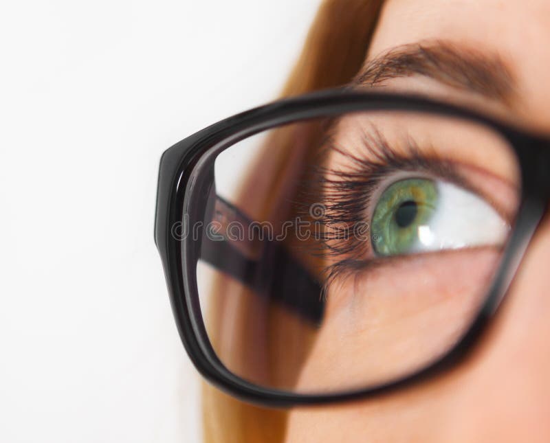 Close up of woman wearing black eye glasses