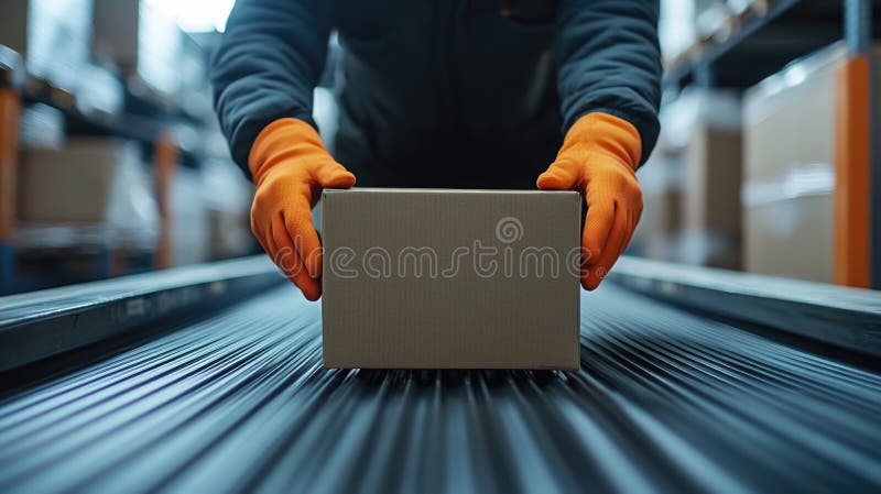 Close-up of worker handling package on conveyor belt with orange gloves royalty free stock photo