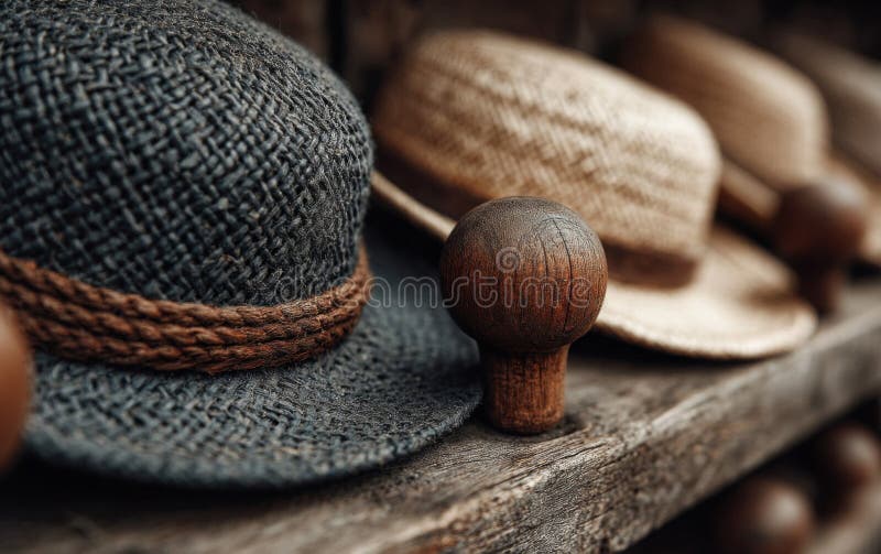 Close-Up of Woven Straw Hats on Rustic Wooden Shelf stock illustration