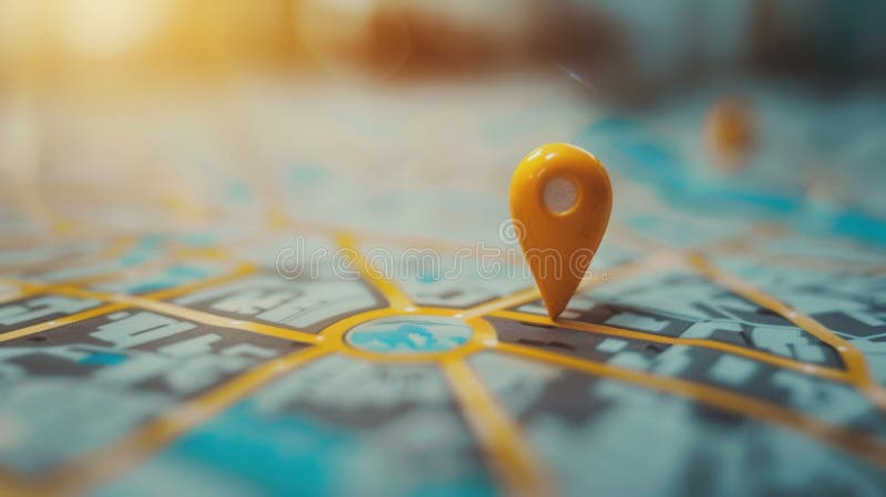 A close-up of a yellow location pin placed on a city map, signifying a destination or point of interest. The image royalty free stock image