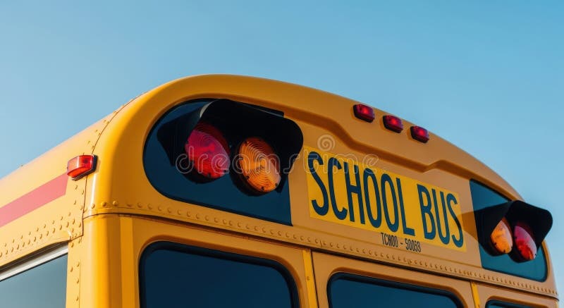 Close up of a yellow school bus under a clear blue sky royalty free illustration