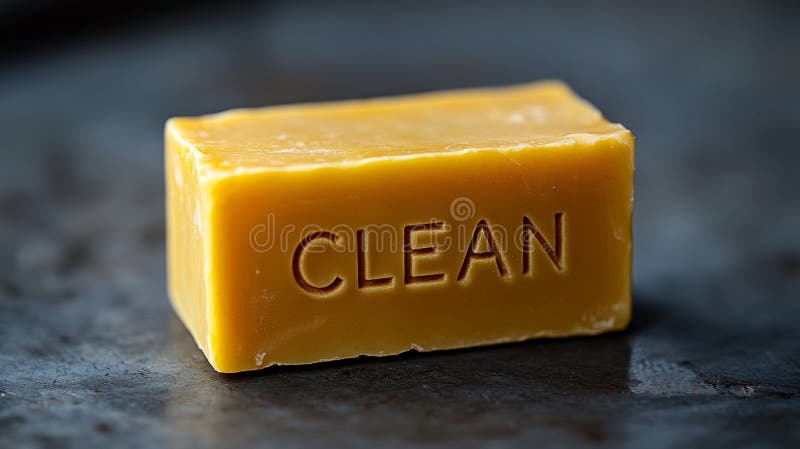 Close-up of yellow soap bar with 'CLEAN' text. stock image