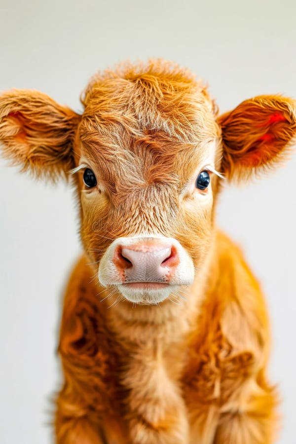 Close up of young brown cow with white markings on its face and top of it&#x27;s head looking directly at the camera. Generative AI. AI generated