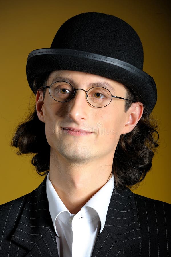 Close up young english gentleman in bowler hat