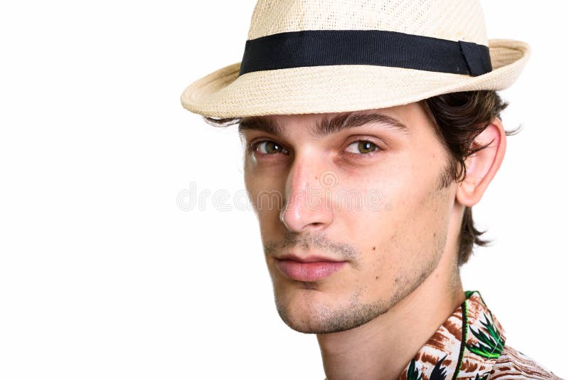 Close Up Of Young Handsome Man Wearing Hawaiian Shirt And Hat Stock ...