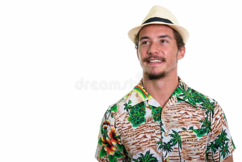 Close Up of Young Happy Tourist Man Smiling while Thinking Isola Stock ...