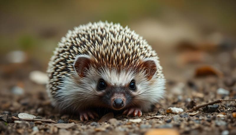 A close-up of a young hedgehog on the ground, with its spiny fur and small face visible stock illustration