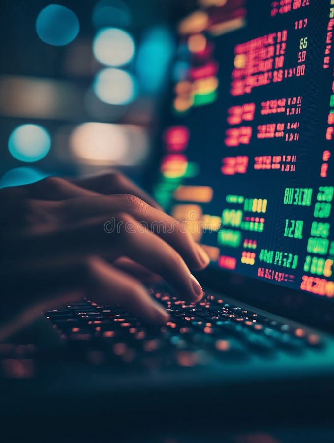 Close up of young investors hands typing on keyboard while analyzing stock market data at night in modern workspace stock image