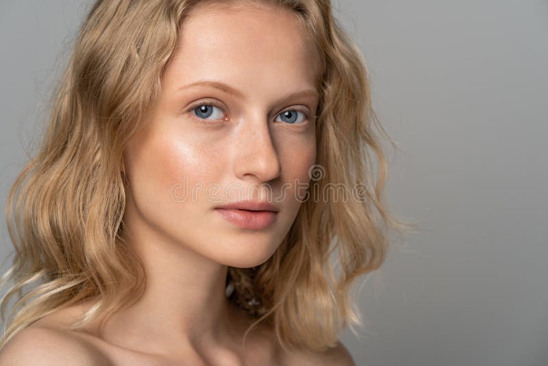 Close Up of Young Woman Face with Blue Eyes, Curly Natural Blonde Hair and Eyebrows, Has No Makeup, Looking Camera. Girl with Stock - Image of nude, blue: 203378474