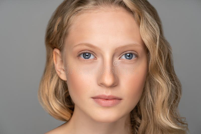 Close Up of Young Woman Face with Blue Eyes, Curly Natural Blonde Hair ...