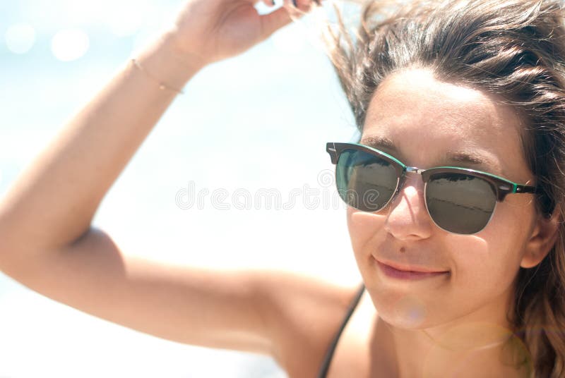 Closeup of a Young Woman with Sunglasses Sunlight Stock Photo Image