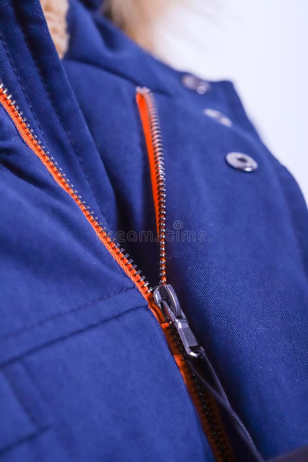 Close Up of Zipper on Blue Jacket with Fur , Winter Fashion Outfit ...