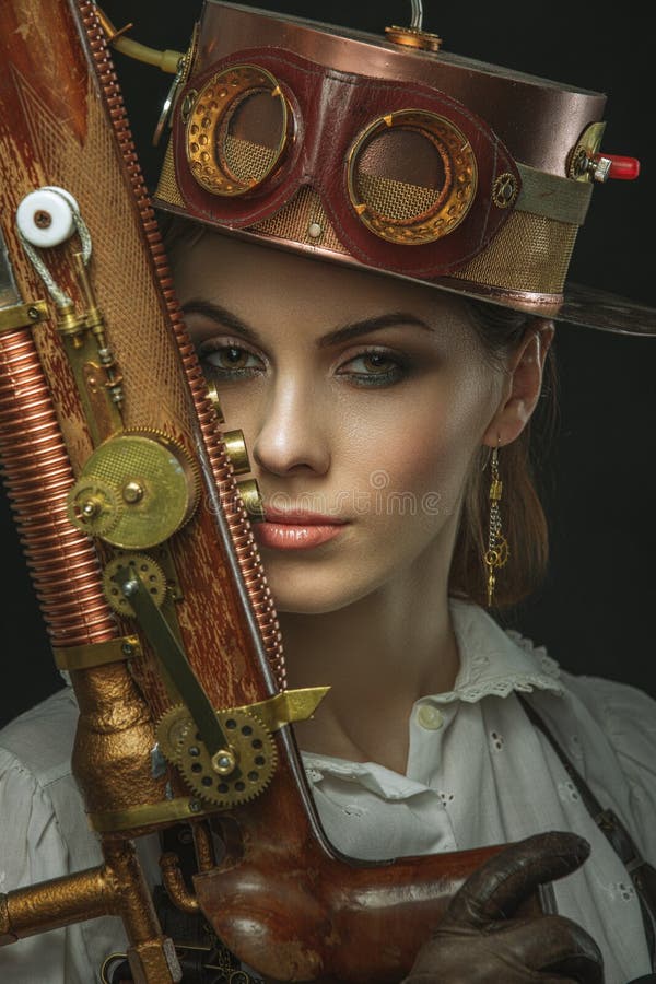 Close-upportret van steampunkmeisje met een kanon in zijn hand stock foto Close-upportret van steampunkmeisje met een kanon in zijn hand stock foto