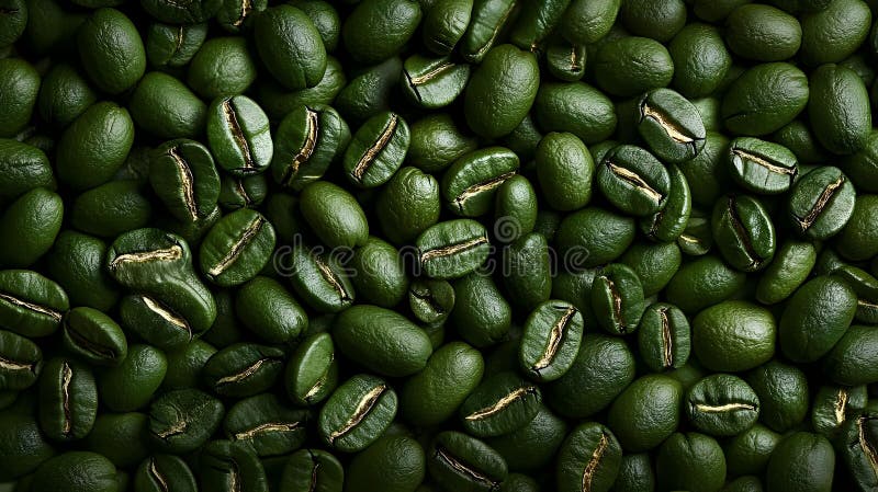 Green coffee beans laying on a flat surface showcasing their unique texture and color variations under soft lighting stock illustration