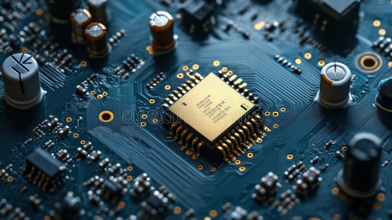 A close view displays a microprocessor at the center, set against a backdrop of interconnected gears and circuit royalty free stock photography