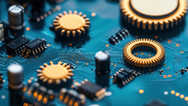 A close view highlights the precision of gears and microprocessor elements on a vibrant circuit board, emphasizing stock photography