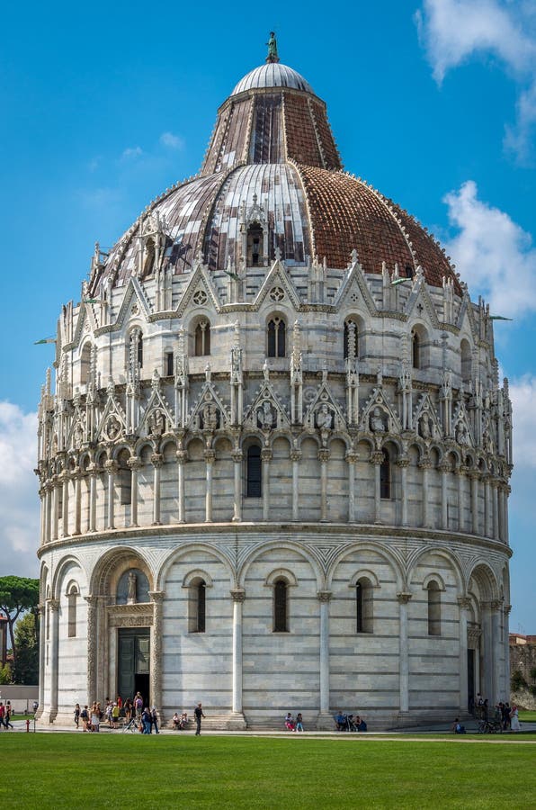 Close view of Romanesque Baptistery of St. John Baptistry at Piazza dei Miracoli Piazza del Duomo popular tourist attraction in royalty free stock image Close view of Romanesque Baptistery of St. John Baptistry at Piazza dei Miracoli Piazza del Duomo popular tourist attraction in royalty free stock image