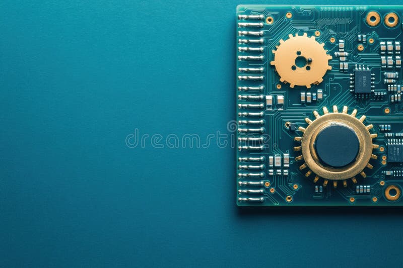 A close view showcases an intricately designed microprocessor featuring gold gears, set against a vibrant teal stock photography
