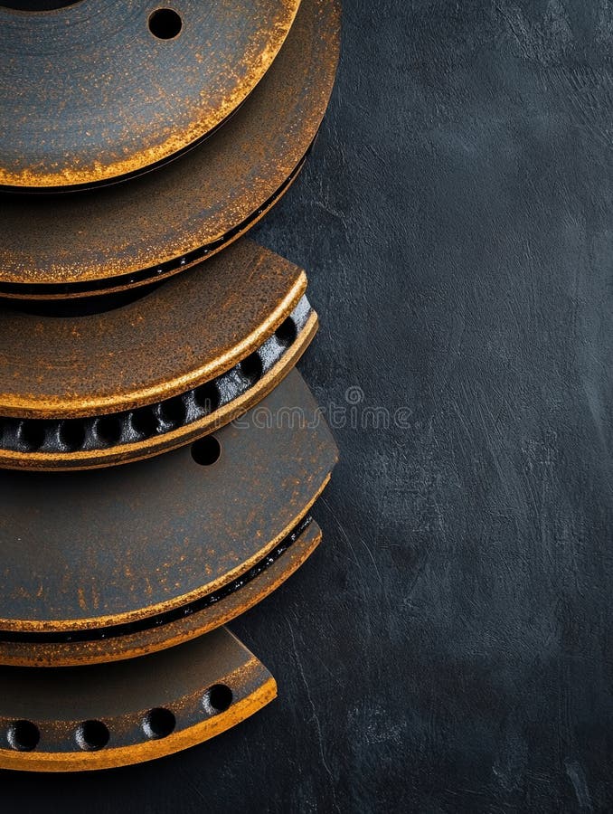 Close view of stacked brake pads and discs showcasing their circular shape and texture, set against a dark background stock images