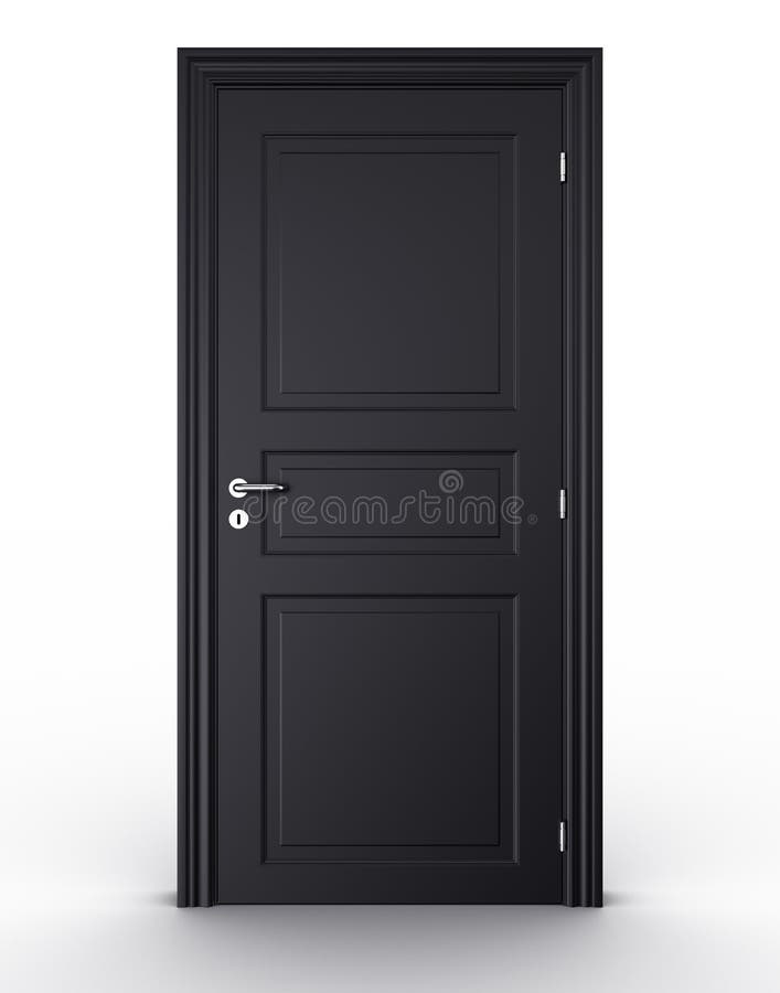 3d rendering of a black closed door standing on a white floor. 3d rendering of a black closed door standing on a white floor